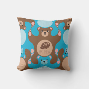 Teddy Bears brown blue Monogram Kid Outdoor Pillow