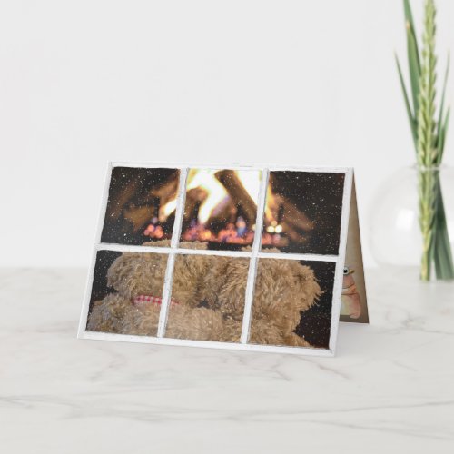 teddy bears by fireplace birthday card