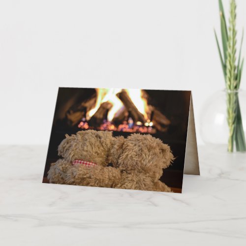 teddy bears by fireplace card