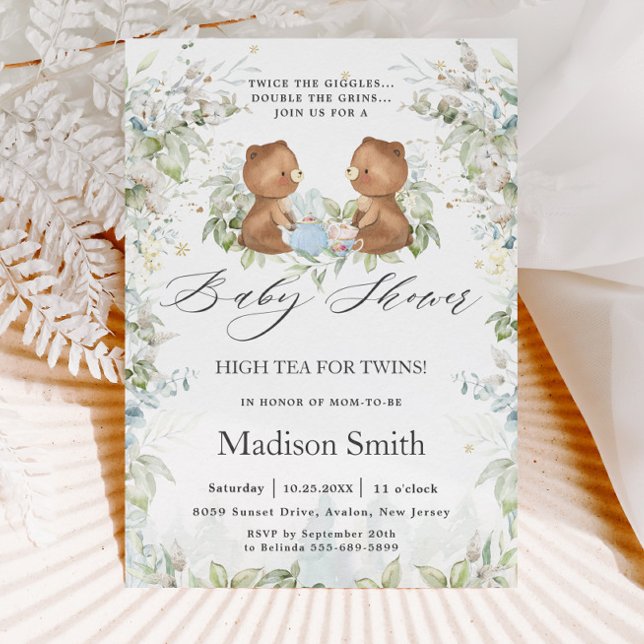 Teddy BearS Chic High Tea Party Twins Baby Shower  Invitation (Creator Uploaded)