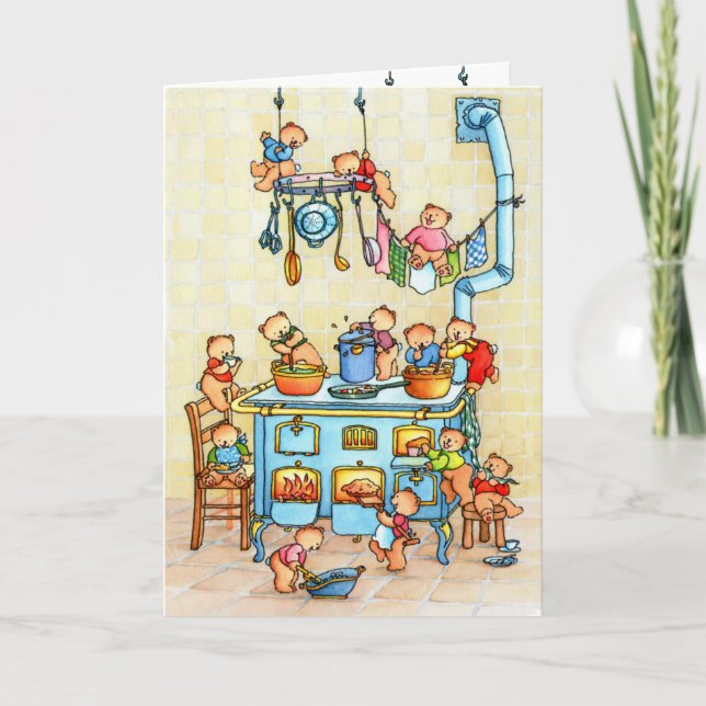 Teddy Bears Cooking in Kitchen Childrens Card (Front)