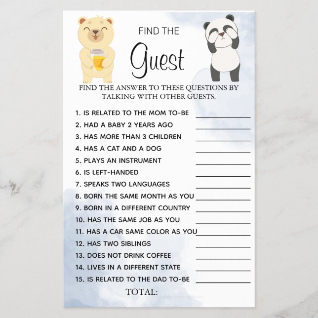 Teddy Bears Find the Guest Baby Shower game card Flyer (Front)