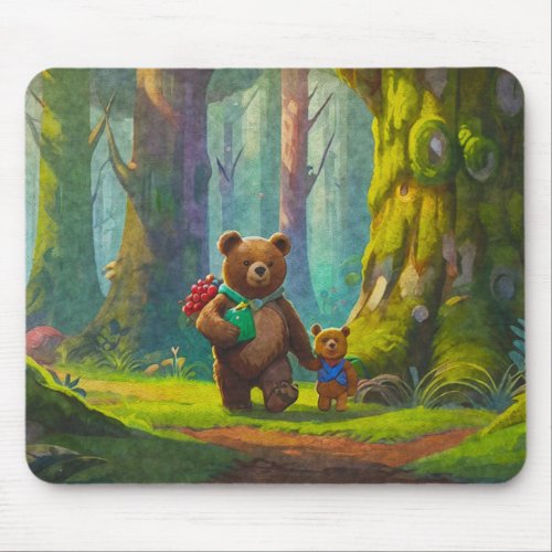 Teddy Bears Gathering Berries Art for Kids Mouse Pad