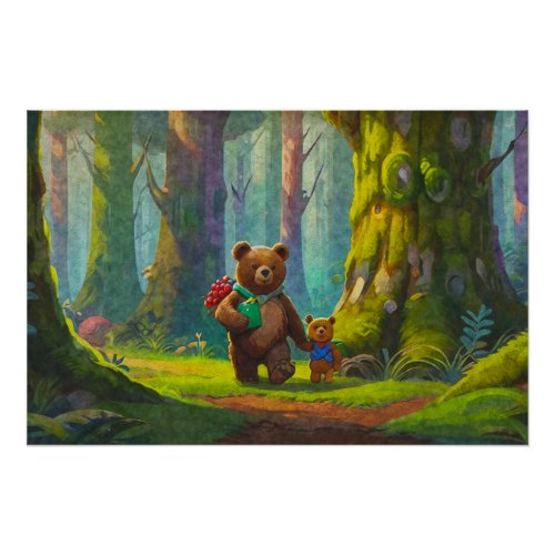 Teddy Bears Gathering Berries Art for Kids Poster