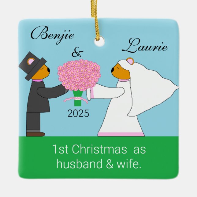 Teddy Bears Getting Married Ceramic Ornament (Front)