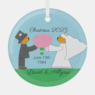 Teddy Bears Getting Married: Glass Ornament