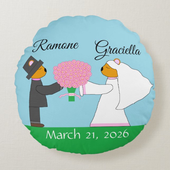 Teddy Bears Getting Married: Wedding Round Pillow (Front)
