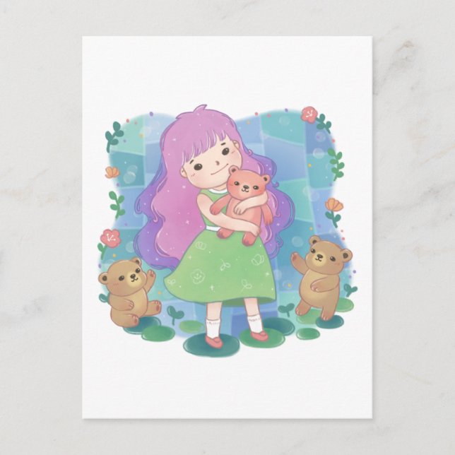 Teddy Bears & Girl Illustration Postcard (Front)