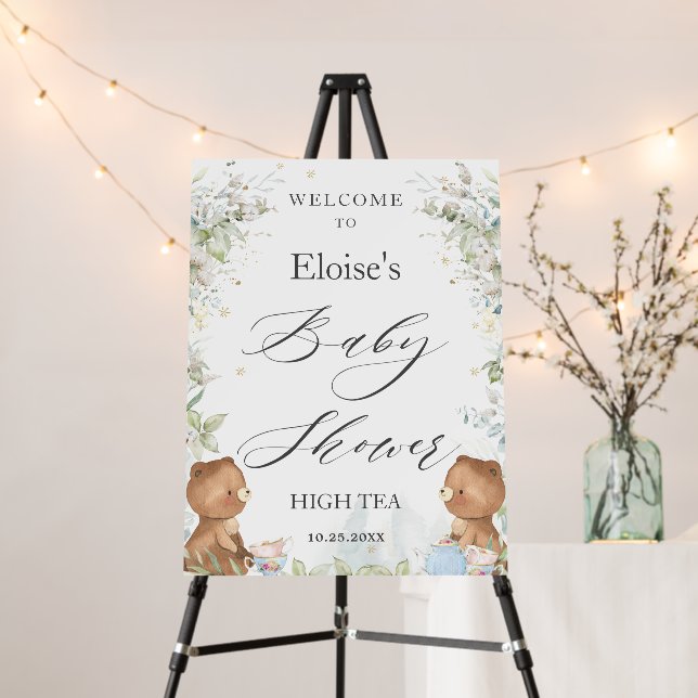 Teddy Bears Greenery High Tea Baby Shower Welcome Foam Board (In Situ (Stand))