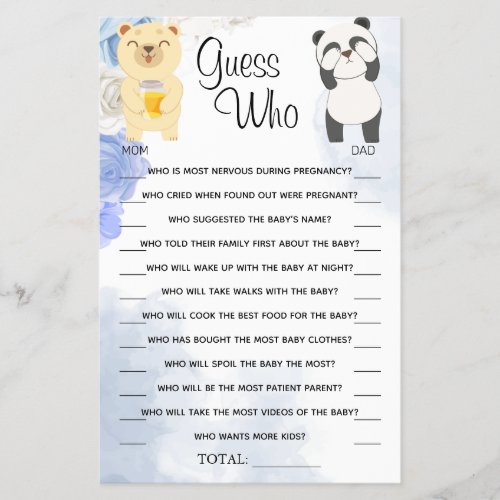 Teddy Bears Guess Who Baby Shower Game Card Flyer