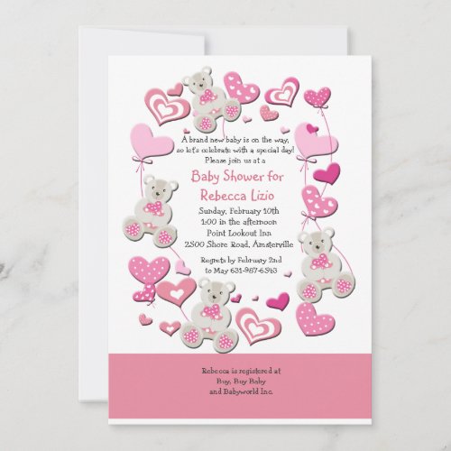 Teddy Bears &amp; Heart Balloons Pink Invitation