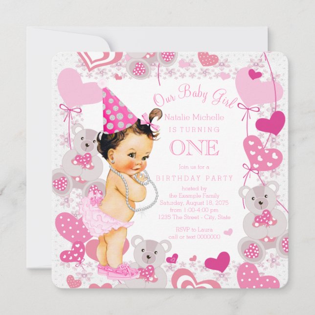 Teddy Bears Hearts Girls 1st Birthday Party Invitation (Front)