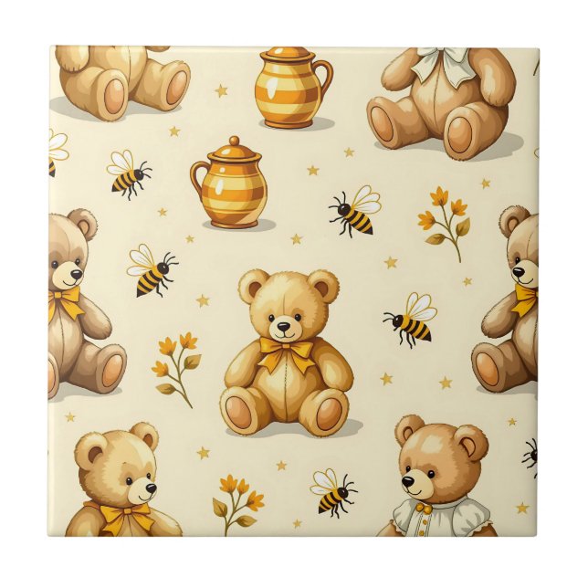Teddy Bears Honey Bees Nursery Pattern Ceramic Tile (Front)
