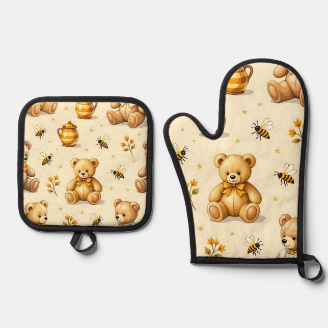 Teddy Bears Honey Bees Nursery Pattern Oven Mitt & Pot Holder Set (Front)