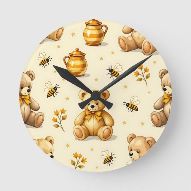 Teddy Bears Honey Bees Nursery Pattern Round Clock (Front)