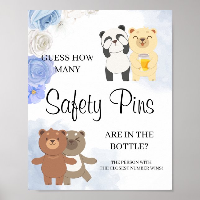Teddy Bears How many Safety Pins Baby Shower Sign (Front)