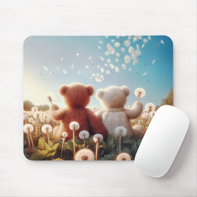 Teddy Bears In a Dandelion Field Mouse Pad (With Mouse)