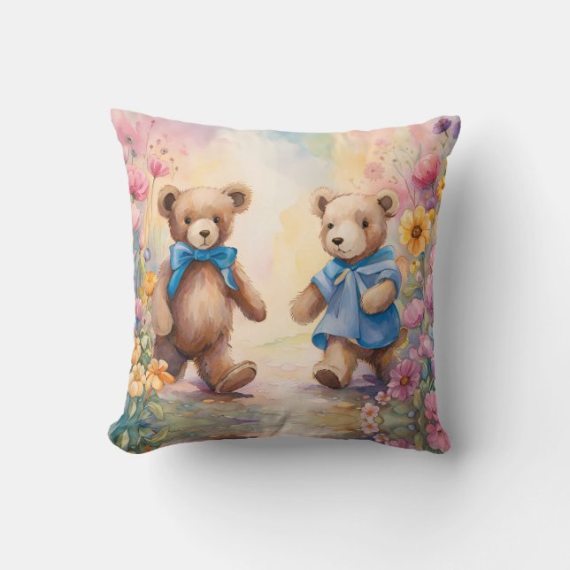 Teddy bears  In a Pastel Garden Throw Pillow (Front)