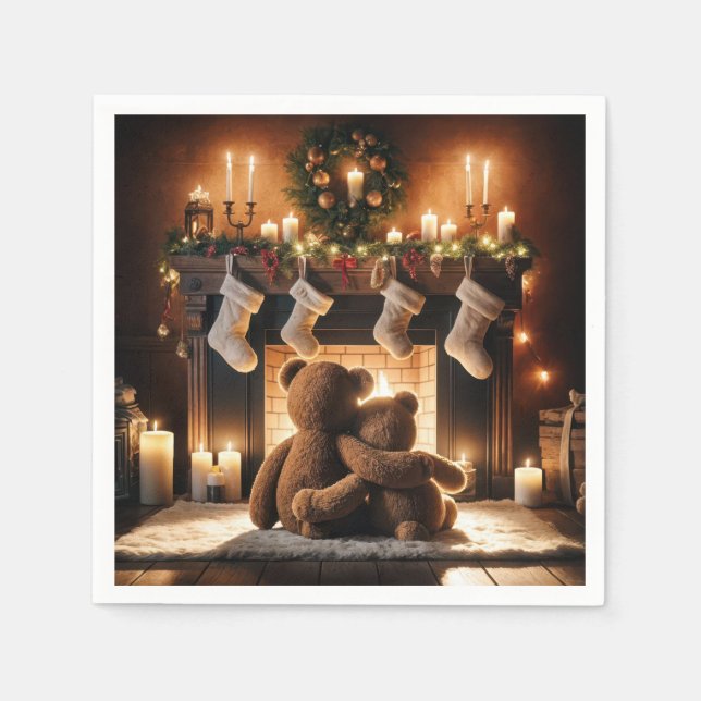 Teddy Bears In Front Of A Christmas Fireplace Napkins (Front)