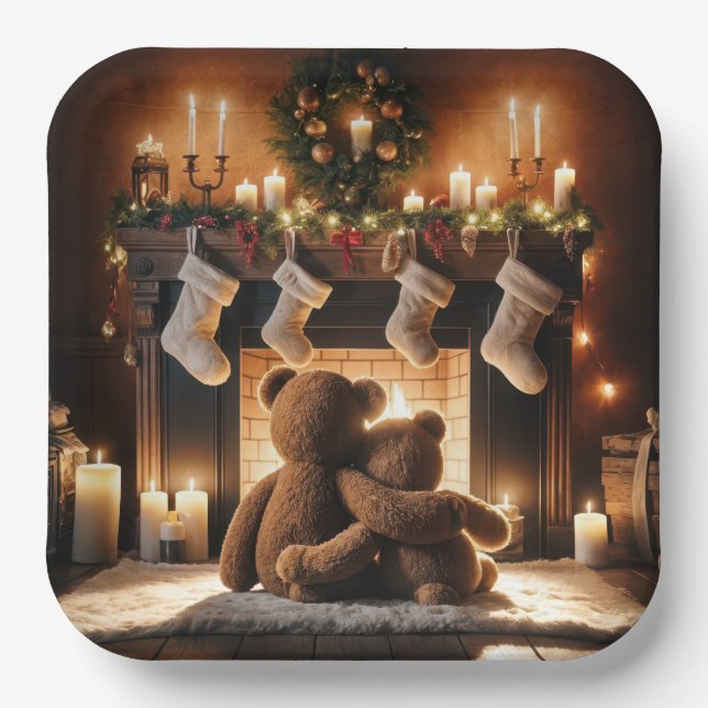 Teddy Bears In Front Of A Christmas Fireplace Paper Plates (Front)