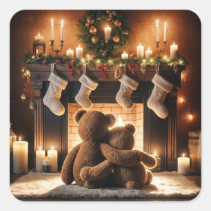 Teddy Bears In Front Of A Christmas Fireplace Square Sticker