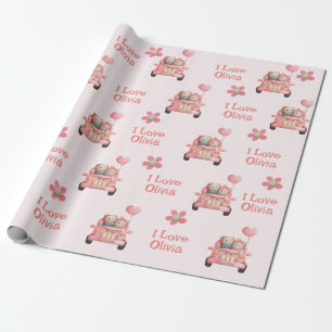 Teddy Bears in Love Driving A Car - Personalized W Wrapping Paper