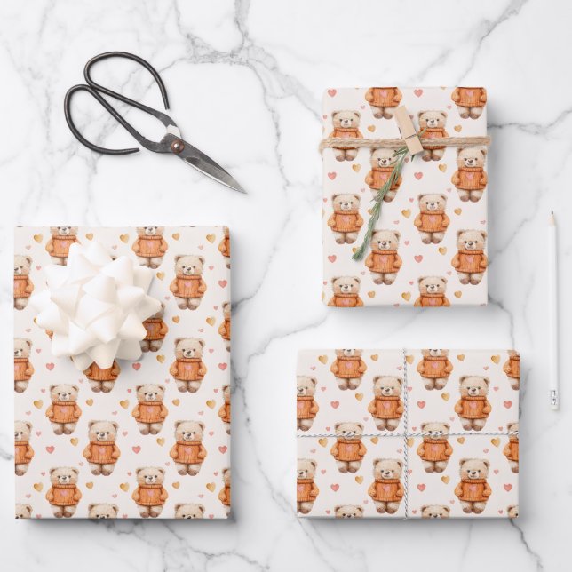 Teddy Bears in Orange Sweaters Wrapping Paper Sheets (Front)