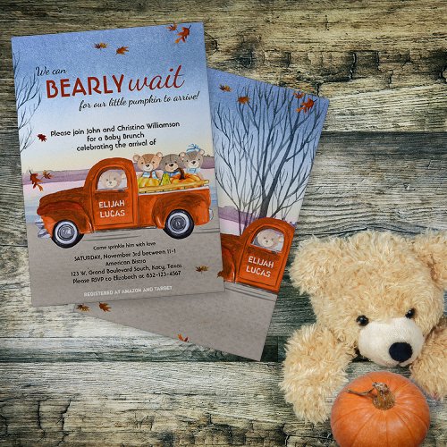 Teddy Bears in Orange Truck Fall Baby Shower Invitation