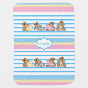 Teddy Bears in Pastel Stripes Stroller Blanket