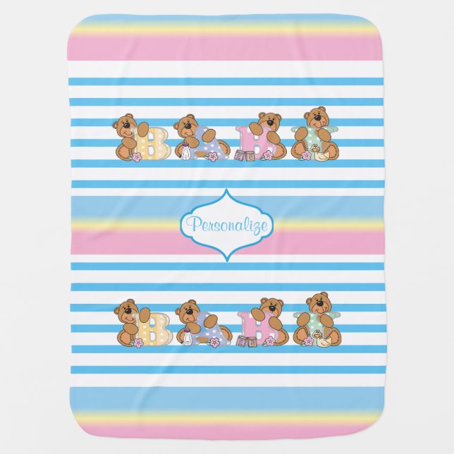 Teddy Bears in Pastel Stripes Stroller Blanket (Front)
