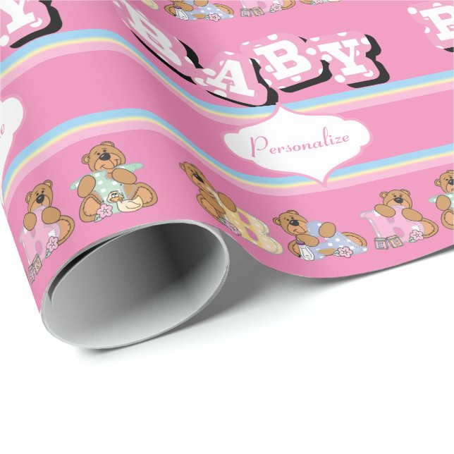 Teddy Bears 🐻 in Pink  | Personalize Wrapping Paper (Roll Corner)