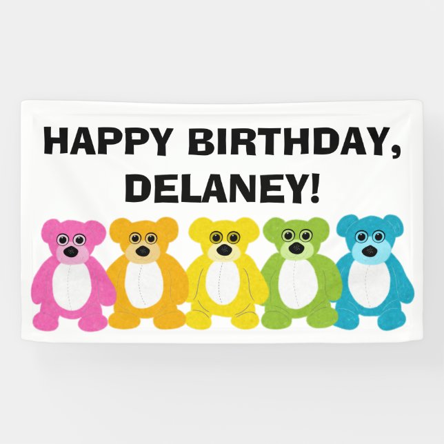 Teddy Bears in Rainbow Colors Kids Birthday Banner (Horizontal)