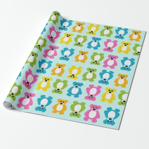 Teddy Bears in Rainbow Colors on Mint Background Wrapping Paper