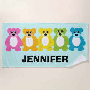 Teddy Bears in Rainbow Colors Personalized Beach Towel