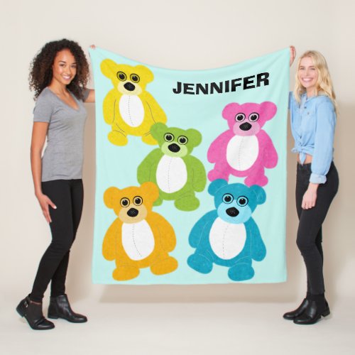 Teddy Bears in Rainbow Colors Personalized Fleece Blanket