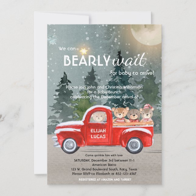 Teddy Bears in Red Truck Winter Baby Shower Invitation (Front)