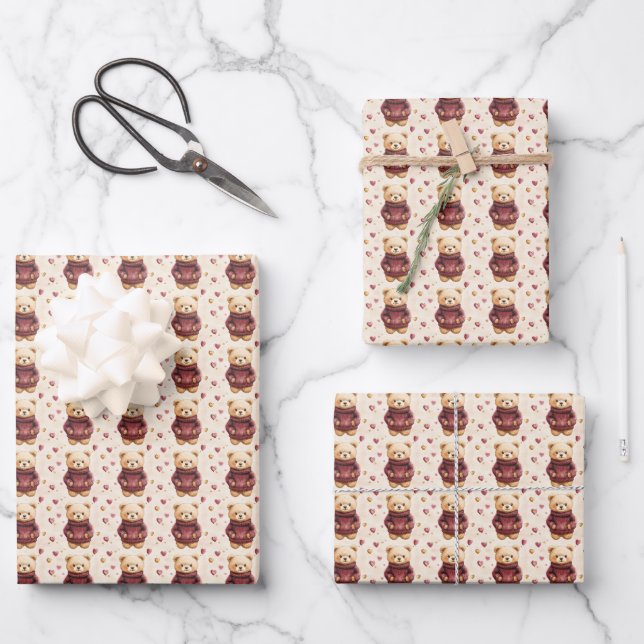 Teddy Bears in Sweaters Wrapping Paper Sheets (Front)