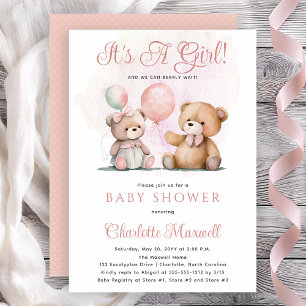 Teddy Bears It's A Girl Bearly Wait Baby Shower Invitation