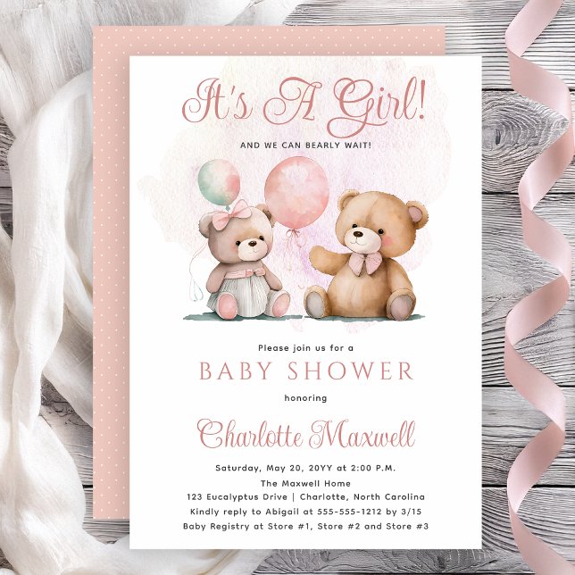Teddy Bears It's A Girl Bearly Wait Baby Shower Invitation (Teddy Bears Balloons It's A Girl Bearly Wait Baby Shower Invitation -- Print | Digital Download)