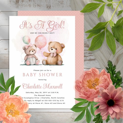 Teddy Bears Its A Girl Bearly Wait Baby Shower Invitation