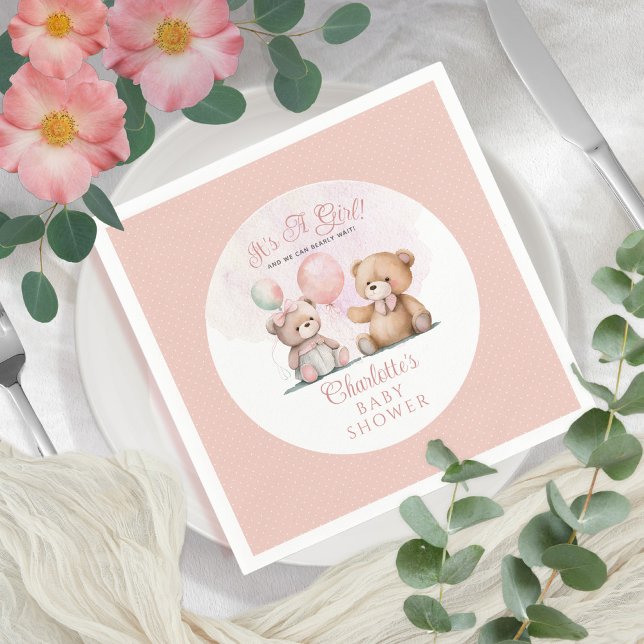 Teddy Bears It's A Girl Bearly Wait Baby Shower Napkins (Creator Uploaded)