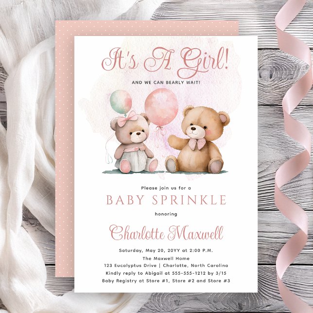 Teddy Bears It's A Girl Bearly Wait Baby Sprinkle Invitation (Teddy Bears It's A Girl Bearly Wait Baby Sprinkle Shower Invitation -- Print | Digital Download)