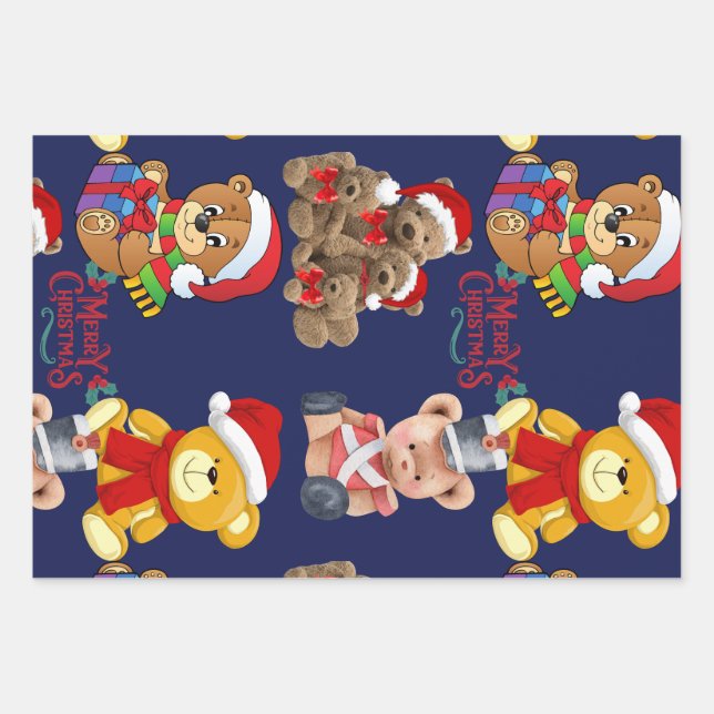 Teddy Bears Merry Christmas Wrapping Paper Sheets (Front)