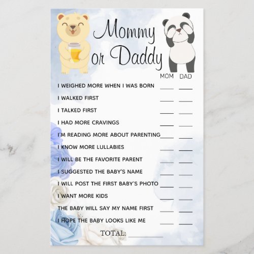 Teddy Bears Mommy or Daddy Shower game card Flyer