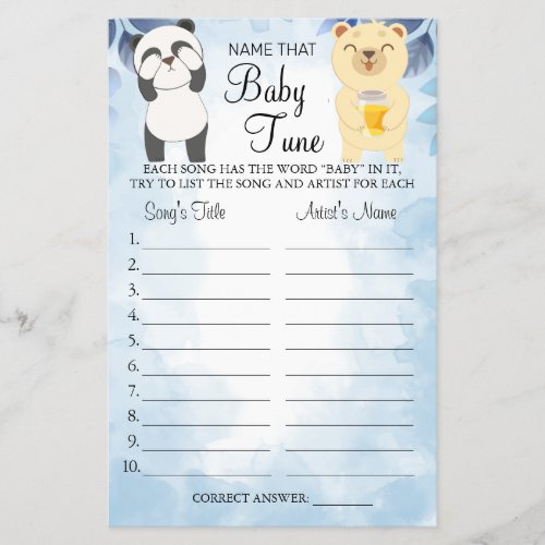 Teddy Bears Name that baby tune shower game card Flyer