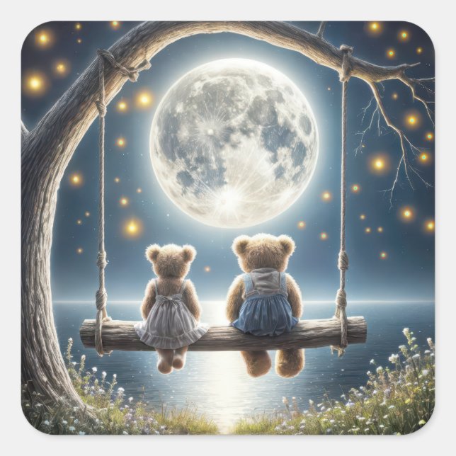 Teddy Bears On a Swing In the Moonlight Square Sticker (Front)