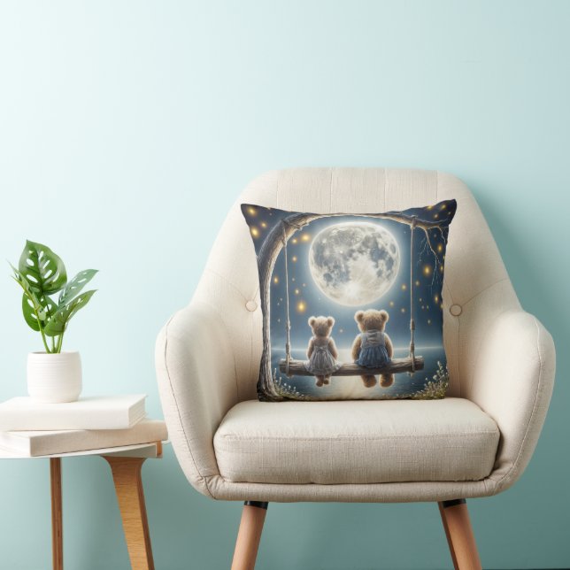 Teddy Bears On a Swing In the Moonlight Throw Pillow (Chair)