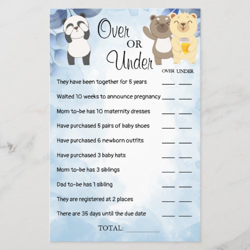 Teddy Bears Over or Under Baby shower game card Flyer