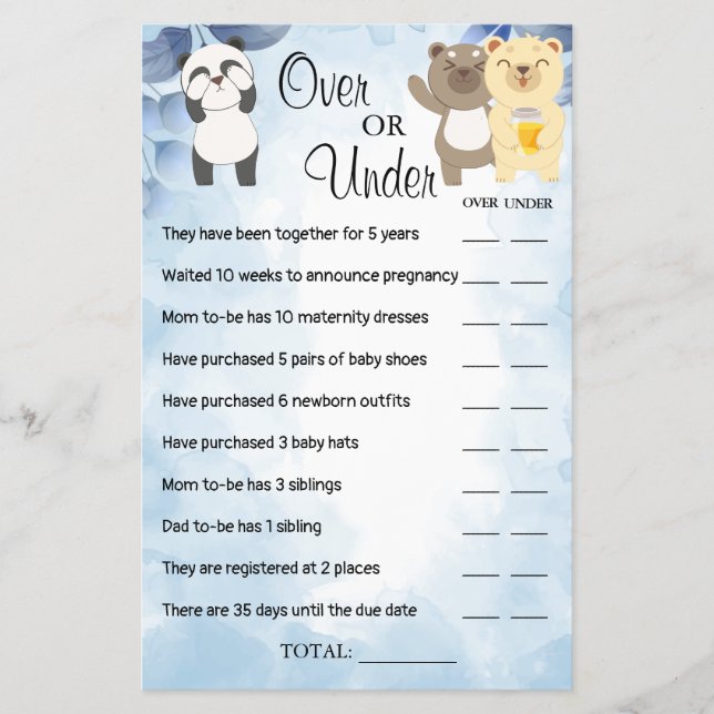 Teddy Bears Over or Under Baby shower game card Flyer (Front)