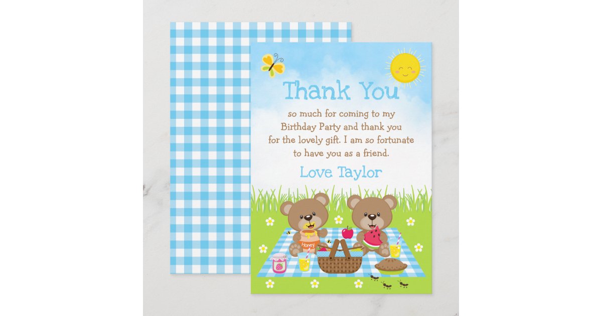 Teddy Bears Picnic Birthday Blue Gingham Thank You Card Zazzle
